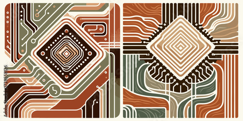 Abstract digital circuits and microchip designs with intricate patterns and geometric shapes in warm earthy tones