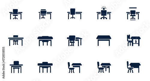 Collection of desk and chair symbols representing workspace arrangements in simple dark blue on white, conveying office or study themes.