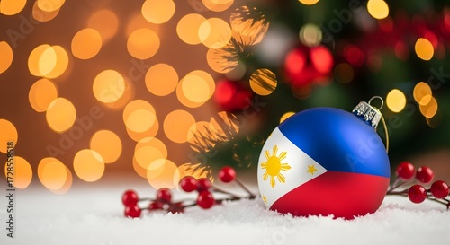Philippine flag christmas ornament with festive bokeh lights and berries