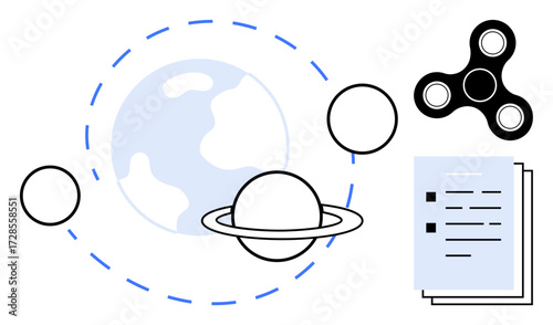 Earth, Saturn, and orbit lines surrounded by abstract shapes, a fidget spinner, and documents. Ideal for science, creativity, organization, education innovation exploration simple flat metaphor