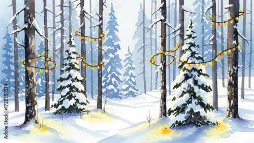 watercolor christmas snowy forest with christmas lights and pine trees, magical watercolor winter landscape painting with christmas lights, watercolor snowy pine forest decorated with glowing 