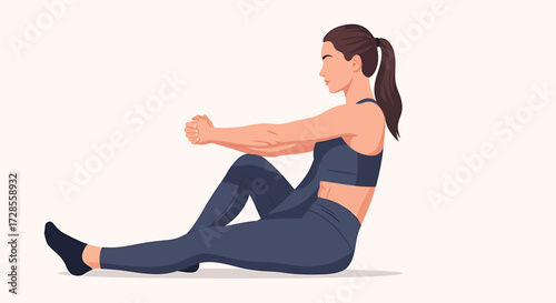 Focused woman strengthens core muscles with dynamic exercise, engaging abs for enhanced fitness and health