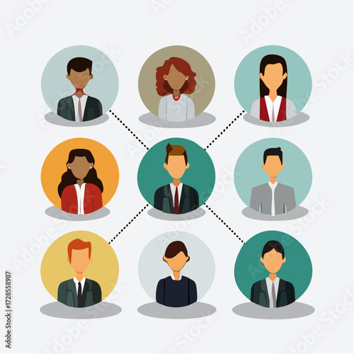 Illustration of nine diverse people connected by lines, representing a network, communication, or social connection concept.