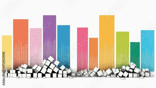 Colorful 3d bar chart with scattered cubes at the base representing data analysis and financial growth concepts