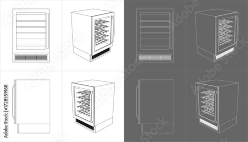 Wine cooler blueprint vector illustration — technical drawing refrigerator line art isolated