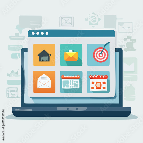 A laptop displaying a window with six square icons representing home, email, target, mail, and two calendar variations.