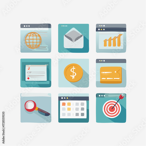 Collection of nine flat design icons representing business and internet related concepts, including globe, email, chart, document, coin, card, search, calendar, and target.