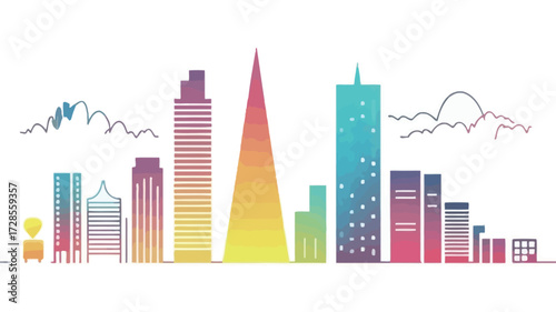 Vibrant abstract cityscape silhouette with colorful gradient skyscrapers and stylized clouds against a clean white background