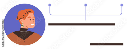 Person smiling in a circular avatar alongside connected data points and horizontal bars. Ideal for profile design, personal branding, networking, UIUX, connection, data visualization, simple flat