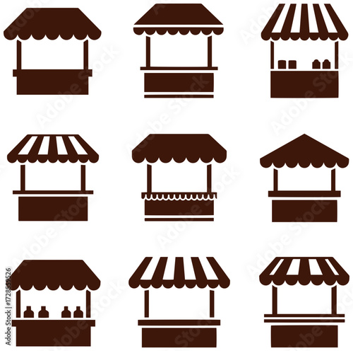 Essential market stall and kiosk icons for vibrant commerce and festive vendor displays