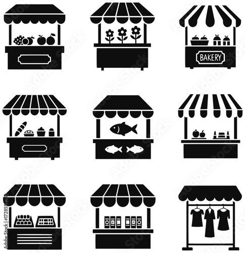 Diverse market stall icons representing fresh produce, baked goods, fish, and apparel
