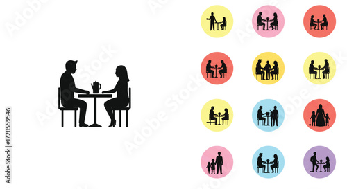 Silhouetted couple shares romantic dinner at small table with flowers, creating intimate and elegant atmosphere for special occasion.