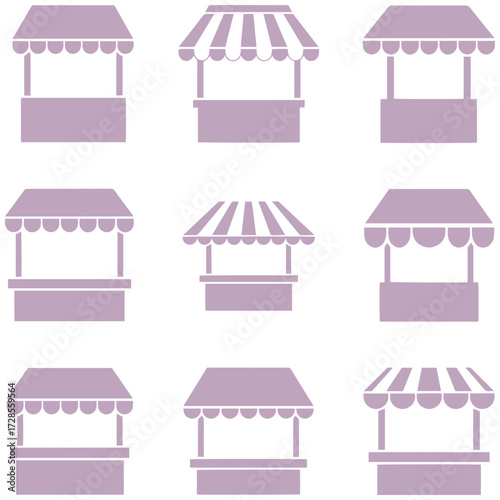 Diverse market stall icons offer versatile commercial and event design elements