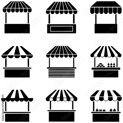 Diverse market stall icons create vibrant bazaar scene for commerce and events