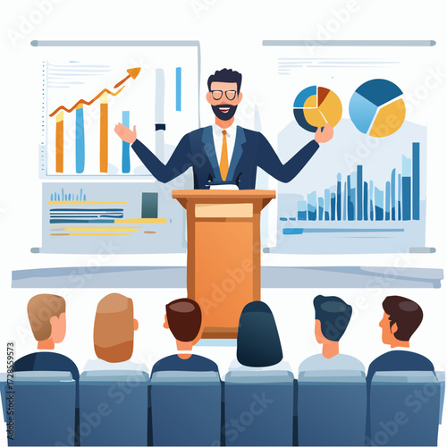 Illustration of a businessman giving a presentation with charts and graphs to an audience in a meeting room.