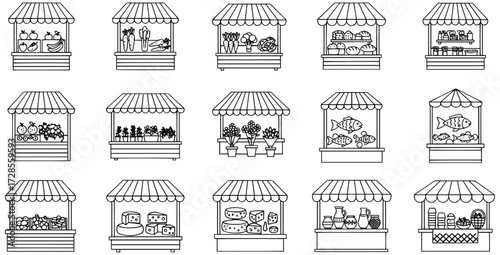 Diverse market stalls showcase fresh produce, flowers, fish, and dairy products