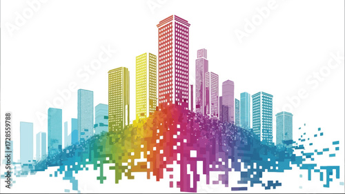 Vibrant abstract cityscape with colorful paint splatters and geometric building silhouettes against a white background