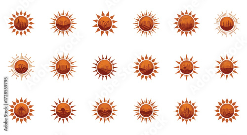 Collection of suns shining brightly in the sky representing warmth and energy on a clear day, conveying a positive and cheerful mood.