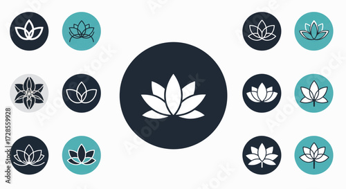 Lotus flowers arranged in circular patterns symbolizing purity and enlightenment on a clean white surface, creating a serene and meditative mood.