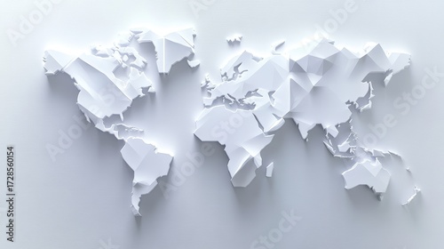 contemporary digital artwork of the earth's map built from uniform white boxes, crisp edges and gentle ambient light highlighting topography