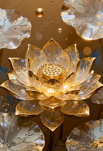 Golden Lotus: A mesmerizing depiction of a radiant golden lotus flower, its delicate petals crafted from luminous glass, gracefully surrounded by other lotus leaves.