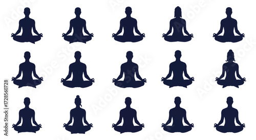 Silhouetted figures meditate in lotus position against white backdrop, symbolizing mindfulness and inner peace through spiritual practice.