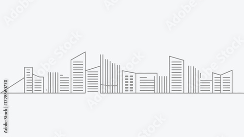 Modern minimalist line art cityscape silhouette with diverse building shapes and heights against a clean white background