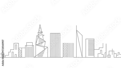 Minimalist line drawing of a modern city skyline with tall buildings and unique architectural structures against a white background