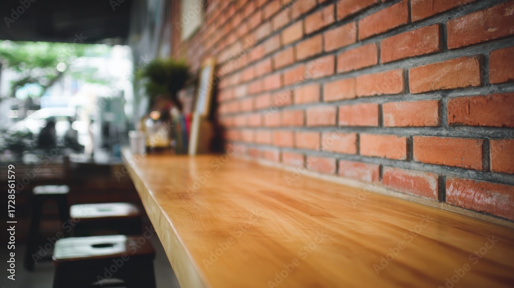 Obraz premium counter. Empty cafe interior with a wooden counter and red brick wall, bathed in soft natural daylight. lifestyle magazines, social media lookbooks, designed for influencer and brand collaborations.