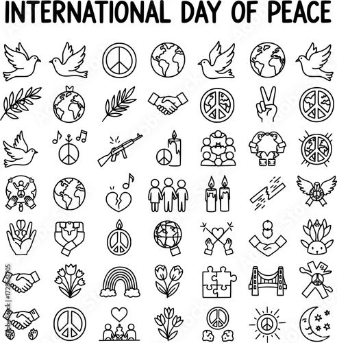 International Day of Peace Line Art Icons: Dove, Globe, Handshake, and Symbols of Unity