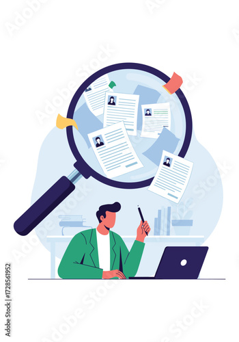 Analyzing resumes and candidate profiles with a magnifying glass and laptop for hiring purposes.