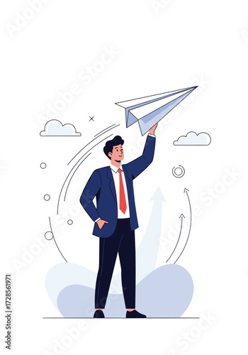 A businessman in a suit throws a paper airplane into the sky towards success.