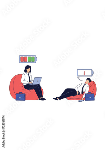 Two people sit in beanbag chairs one person works on a laptop with a full battery and the other sleeps with a low battery.