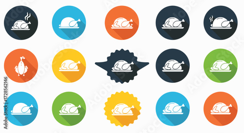 Collection of roasted turkeys presented on colorful circular badges, perfect for Thanksgiving or holiday themed projects.