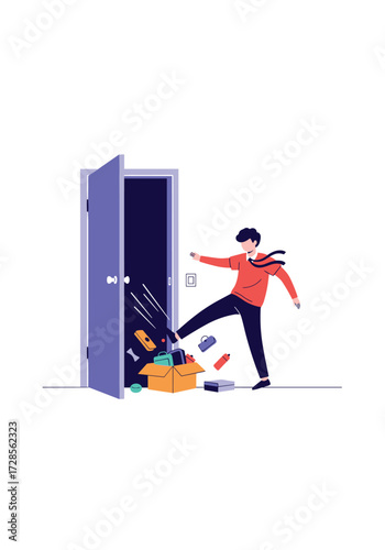 Man kicking a box of belongings out of a doorway.