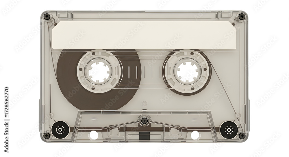 Fototapeta premium Vintage transparent audio cassette tape with magnetic reels isolated on a clean white background. Retro music and sound recording technology