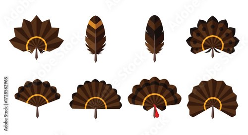 Brown feathers and fans arranged neatly on a white surface, showcasing their intricate details and creating a sense of order and elegance.