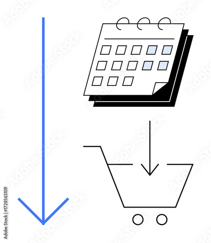 Vertical arrow highlights a calendar and shopping cart with a downward arrow. Ideal for e-commerce, scheduling, online ordering, purchase planning, retail management, workflow, simple flat metaphor