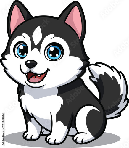 Adorable husky puppy cartoon illustration, cute dog with big blue eyes, fluffy black and white pet, happy animal character art