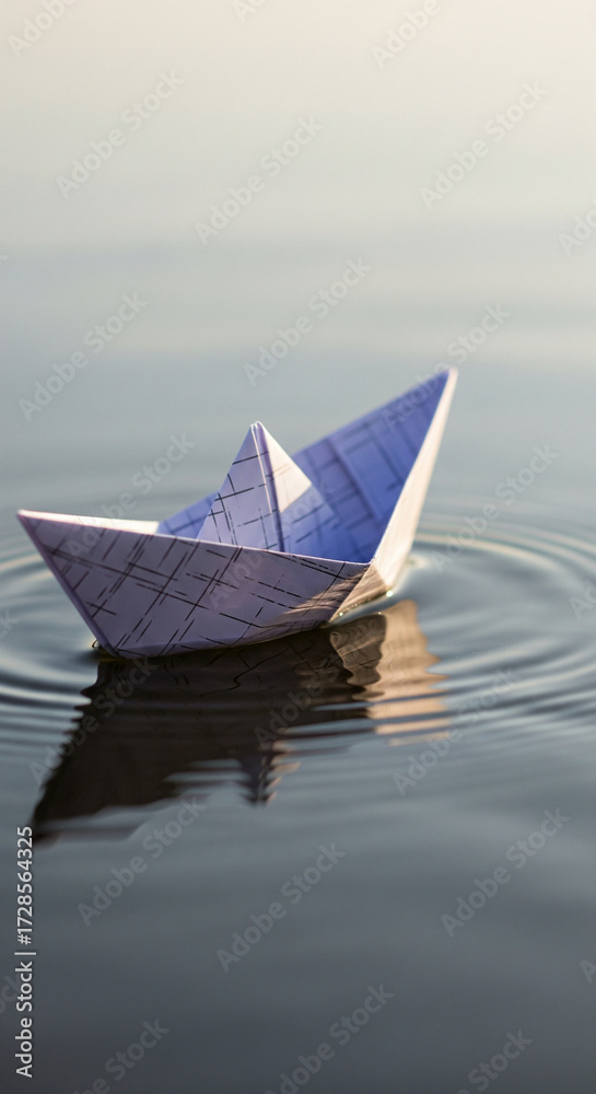 Obraz premium A single paper boat gently floats on calm water, creating subtle ripples and reflections.