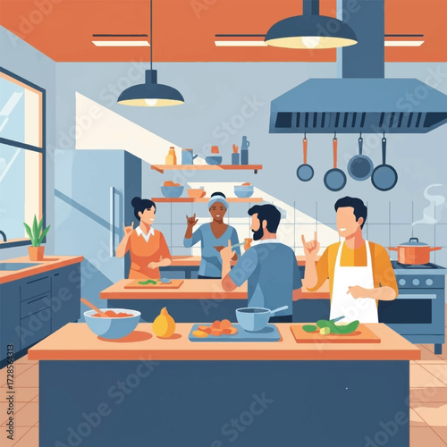 A vibrant illustration of a cooking class in a well-lit kitchen with participants and instructors.