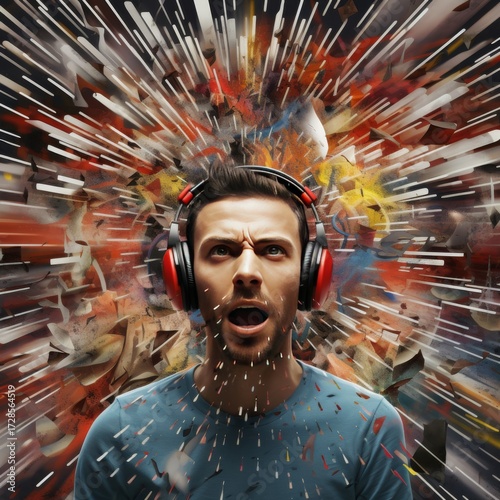A conceptual artwork of auditory overload, where a person in headphones faces overwhelming noise, with unclear speech and symbols floating around, expressing stress and confusion.