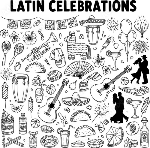 Latin Celebrations Doodles: Mexican Fiesta Icon Set with Food, Music, Dance, and Cultural Elements