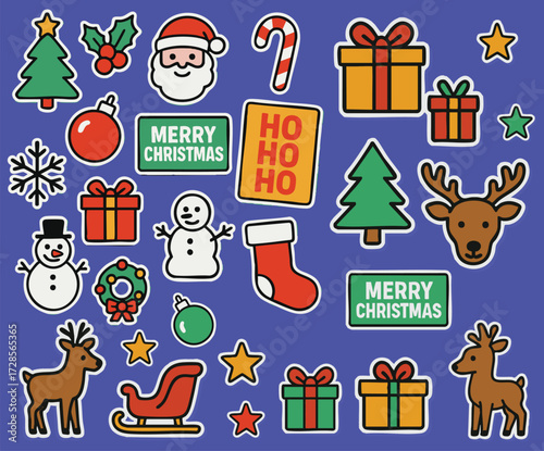 estive Christmas sticker set with Santa, reindeer, snowmen, gifts, Christmas trees, stockings, candy cane, wreath, stars, ornaments, and Ho Ho Ho text. Perfect for holiday design and decoration.