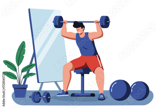 A muscular man lifts weights in front of a mirror, showcasing strength and fitness. A modern gym setting with plants adds a healthy vibe. Eco Lift Senses.