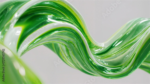 Glossy green liquid wave abstract background on neutral gray surface, smooth horizontal flow, modern fluid art design, vibrant green texture, futuristic organic shape.