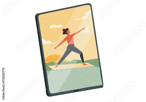 A tablet displays a woman in a dawn yoga pose. A plant and blurred beach scene create a serene, digital backdrop. Modern, flat design illustration.