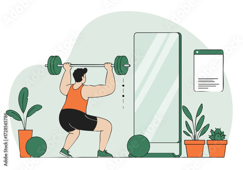 A muscular man performs a standing overhead press with a barbell in a home gym setting. A tablet displays workout instructions. Modern, vibrant illustration.