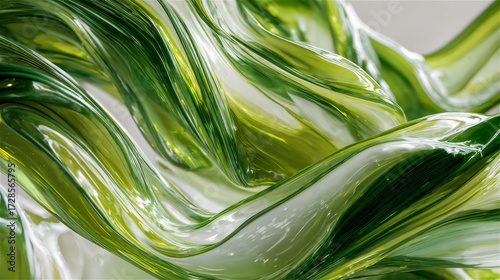 Glossy green plastic waves abstract background smooth flowing shapes neutral gray horizontal wallpaper design