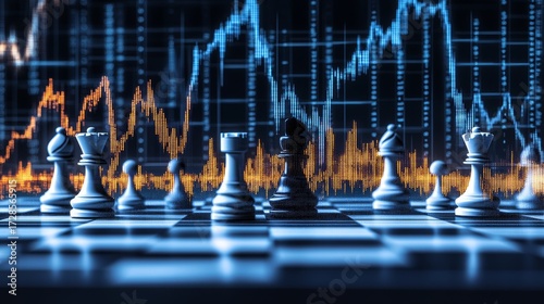 Wallpaper Mural futuristic business strategy concept featuring white chess pieces on black chessboard overlayed with glowing financial stock graph lines Torontodigital.ca
